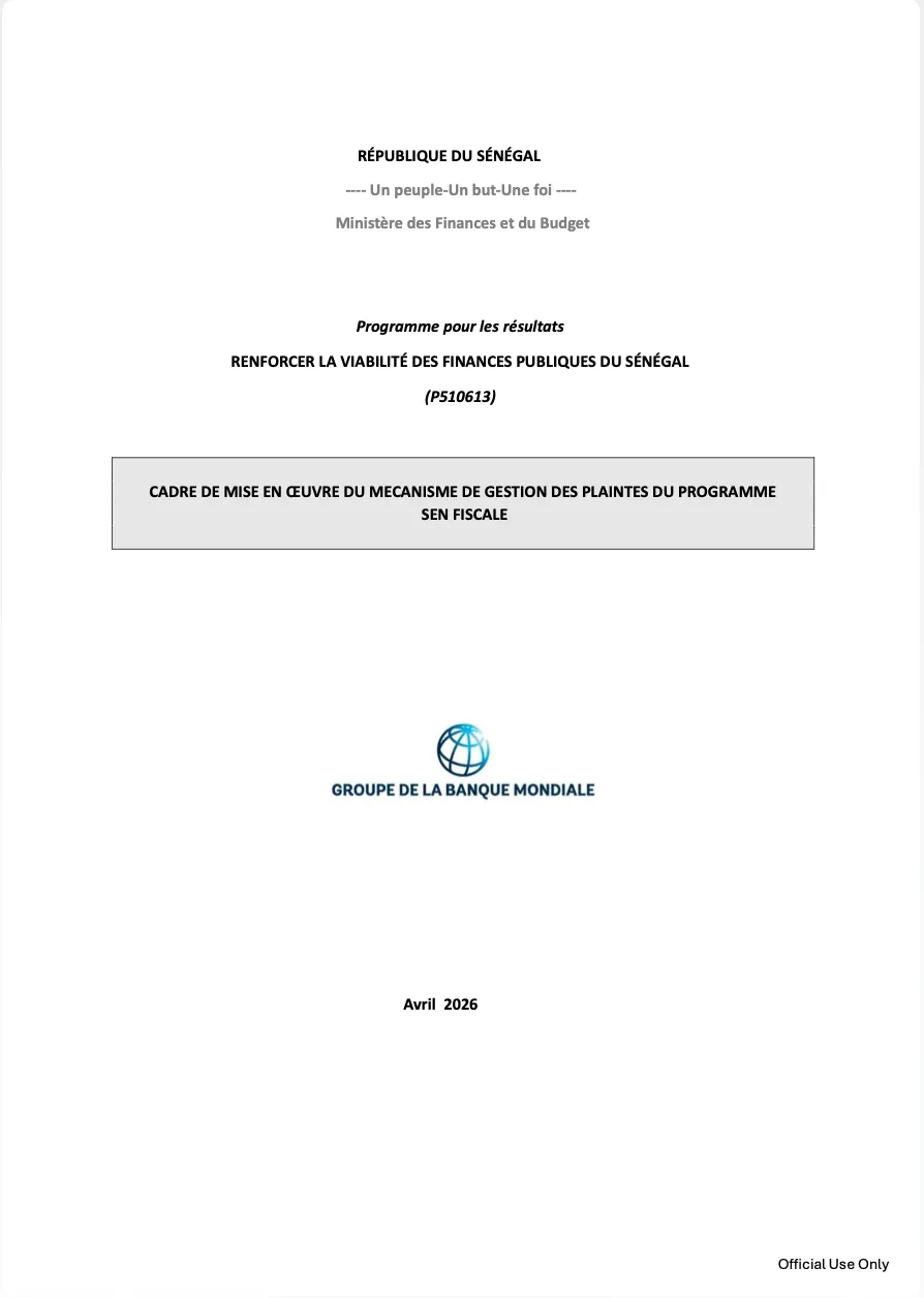 Miniature — Cadre de mise en œuvre du mécanisme de gestion des plaintes du programme SEN FISCALE